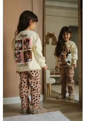 Lolliboomkids طقم بناتي شتوي ميني مطبوع بتفاصيل خلفية على شكل الفهد، طقم علوي سفلي مكون من قطعتين