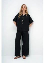 Trend Alaçatı Stili Women's Black V-Neck Metal Gold Button Detail Aerobin Blouse and Pant Bottom Top Suit Alc-X14122