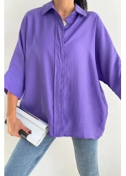 FEMELLE Women's Purple Hidden Button Wide Bat Sleeve Loose Fit Oversize Shirt 50% Viscose 50% Cotton