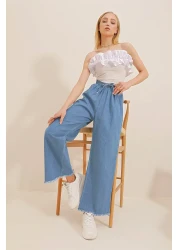 Trend Alaçatı Stili Women's Dark Blue Tasseled High Waist Palazzo Jean Trousers ALC-X8930