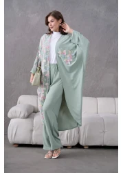 Miss Allos طقم كيمونو نسائي من الكتان مع تفاصيل حجرية مطرزة بالزهور من التول في الأمام وبنطلون سفلي