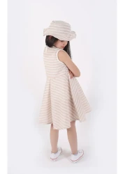 aden kids طقم فستان وقبعة صيفي مخطط للفتيات مكون من قطعتين - 4-12 سنة (وردي، أزرق، بيج، عنابي)