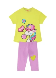 Denokids Unicorn Patterned Girl's Summer T-shirt and Lilac Leggings Set