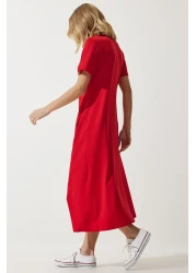 Happiness İstanbul Women's Red A-line Summer Combed Cotton Dress UB00060