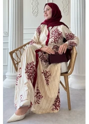 InStyle Colorful Long Piping Detail Burgundy Viscose Dress