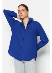  Collection Navy Blue Single Pocket Boyfriend/Wide Fit Cotton Woven Shirt TWOAW20GO0115