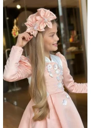 Riccotarz فستان بناتي بسحاب خلفي مفصل باللون الأبيض على الصدر مزين بجيب البطيخ وأكمام السلمون