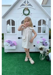 Minipodyum Baby Girl Collar Embroidered Bag Holiday Linen Dress