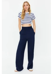  Collection Navy Blue Wide Leg / Wide Ankle Waist Elastic Woven Trousers TWOSS22PL00024