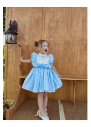 Linarookids Vintage Baby Girl Dress with Laurel Blue Bow, Birthday Dress, Photo Shoot Dress, Suitable for 0-7 Years Old