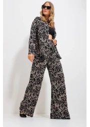 Trend Alaçatı Stili Women's Sand Beige Patterned Shirt and Trousers Bottom Top Woven Set Alc-X11749