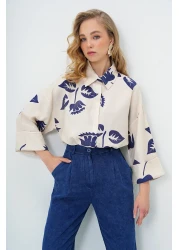 Trend Alaçatı Stili Women's Navy Blue-Beige Double Cuffed Leaf Patterned Woven Shirt Alc-X13785