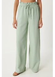 Happiness İstanbul Green Linen Viscose Women's Palazzo Trousers - FN03287