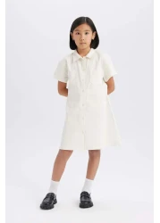 Defacto Girl's Gabardine Pocket Button Short Sleeve Summer Dress D9223A825Sm