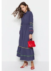  Modest Navy Blue Stripe Detailed Half Placket Cotton Woven Dress TCTSS23EB00302