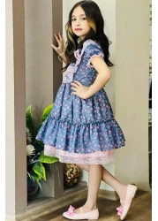 Riccotarz Girl's Chest and Shoulders Ruffle Lace Embroidered Dress with Flower Detail