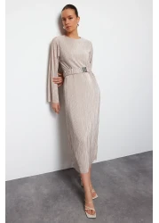  Modest Gold Knitted Dress - Belt and Pleated, TCTSS24EB00154