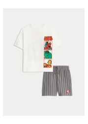 Magu طقم تي شيرت أبيض مطبوع عليه شخصية مارفل للأولاد وشورت مخطط