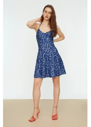 Collection Blue Floral Print Mini Knitted Dress with Backless and Adjustable Straps - TWOSS20EL1630