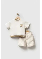 damdamin 100% Cotton Baby Boy Front & Back Printed T-Shirt & Pocket Elastic Waist Striped Shorts Set