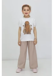 RAPİDO LİFE Girl's Summer Printed Short Sleeve T-Shirt Striped Pattern Belted Pants Two Piece Set