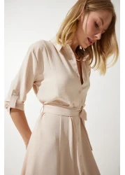 Happiness İstanbul Women's Cream Belted Shirt Dress DD01256