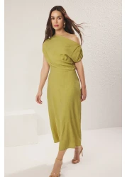  Collection Oil Green A-Line Boat Neck Midi Woven Dress Twoss25El00726