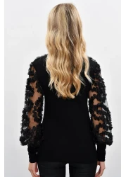 Cool & Sexy بلوزة نسائية ذات أكمام سوداء من التول وكشكشة BK894