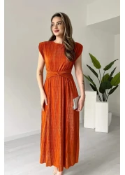 MODAMİNEM Women's Orange Pleated Double Breasted Lacing Detail Astral Daniel Dress