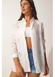 Happiness İstanbul Women's Ecru Crystal Stone Embroidered Ayrobin Shirt TU00025