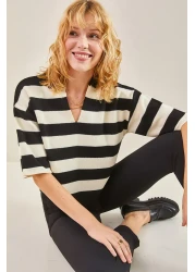 Bianco Lucci سترة نسائية محبوكة كبيرة الحجم مخططة بياقة بولو