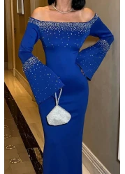 Mossta Saks Blue Spanish Sleeves Scuba Evening Dress - Stone Detail