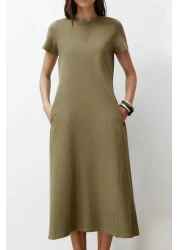  Collection Khaki Pocketed Premium Crew Neck A-Line Knitted Midi Dress TWOSS24EL00169