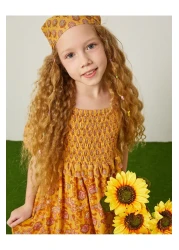 Koton فستان مزين بالزهور وأكمام بالونية من القطن بياقة مربعة مبطن