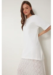 Happiness İstanbul Women Bone Stretchy Knitted Top Lace Skirt Dress Cr00486