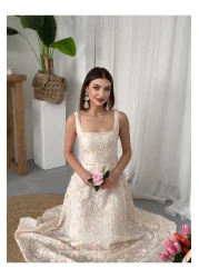 Julidress فستان طويل من الكتان بتصميم مميز مع تطريز وزهرة وردية ثلاثية الأبعاد مطرزة بحزام مبطن