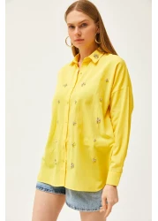 Olalook Women's Yellow Collar and Jewelled Front Six Oval Woven Shirt GML-19001149