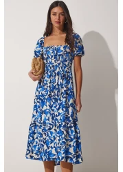 Happiness İstanbul Women's Blue Floral Patterned Summer Viscose Dress CI00079