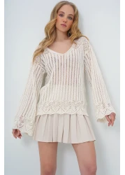 Trend Alaçatı Stili Women's Vanilla Boat Neck Openwork Summer Knitwear Blouse ALC-X10640