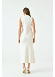vuvutasarım High Waist Midi Length Sleeveless Stretchy Knitwear Set - Buttoned Vest, Ecru 5155
