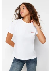  Collection White 100% Cotton Slogan Embroidered Regular Fit Knitted T-Shirt TWOSS24TS00097