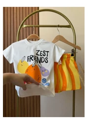 Magu طقم تي شيرت وشورت برتقالي مطبوع عليه Zest Friends من القطن للأطفال للجنسين