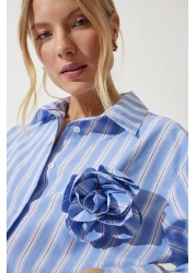 Happiness İstanbul Women's Sky Blue Premium Flower Brooch Detailed Shirt UL00015