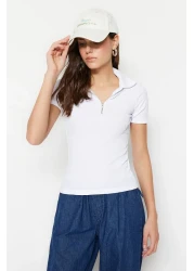 Collection White Zipper Detailed Fitted Polo Neck Ribbed Stretchy Knitted Blouse TWOSS23BZ00496