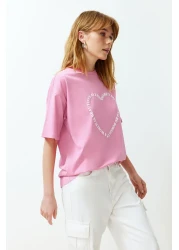  Collection Pink 100% Cotton Heart Slogan Printed Oversize/Comfortable Cut Knitted T-Shirt TWOSS24TS00139