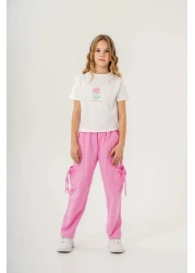 Magu طقم تي شيرت بناتي قطني أبيض مطبوع عليه زهور وبنطلون جيب وردي