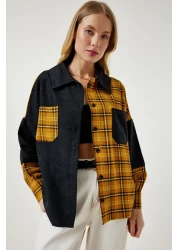 Happiness İstanbul Women's Black Mustard Color Blocked Suede Woven Shirt WF00064