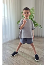 My Baby's World Smoked-Grey Natural Muslin Fabric Boy's Garnished Shorts Summer Suit Mtye0083