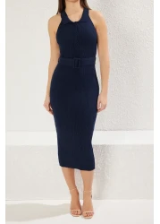  Collection Navy Blue Belt Detailed Knitwear Midi Dress Twoss22El1031