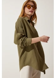 Happiness İstanbul Women's Khaki Oversize Muslin Shirt with Pockets MX00150